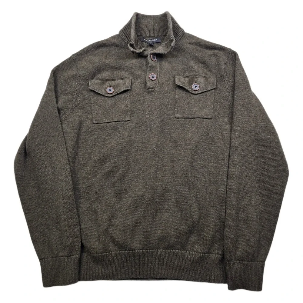 Banana Republic Military‎ Pullover Sweater Mens XL Dark Green Knit Button Neck